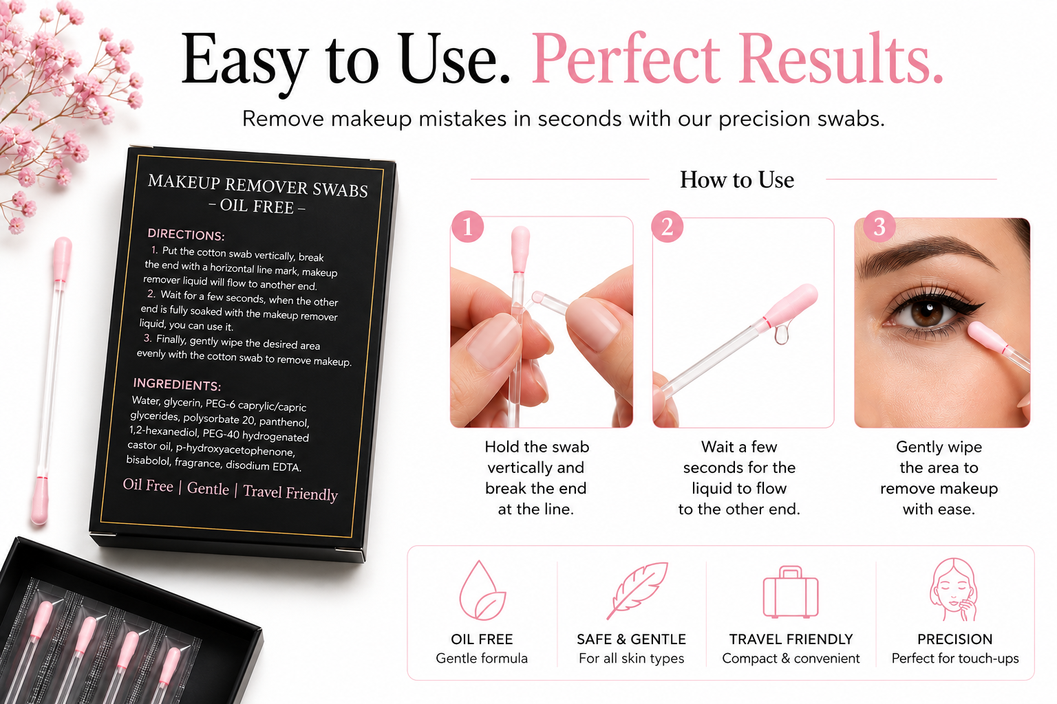 Precision Makeup Remover Swabs -Oil Free| 50 Pack
